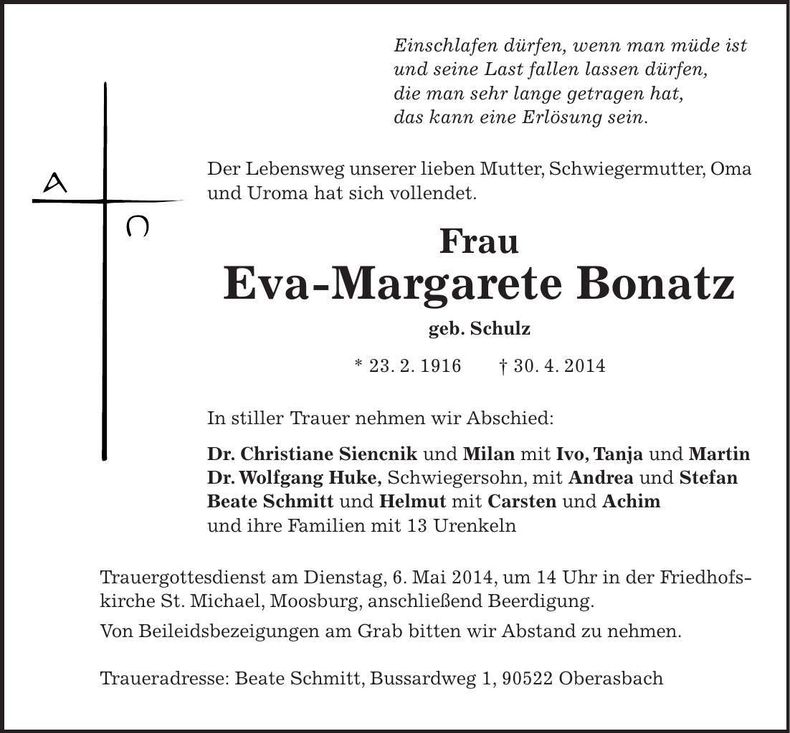 Traueranzeige Eva-Margarete Bonatz