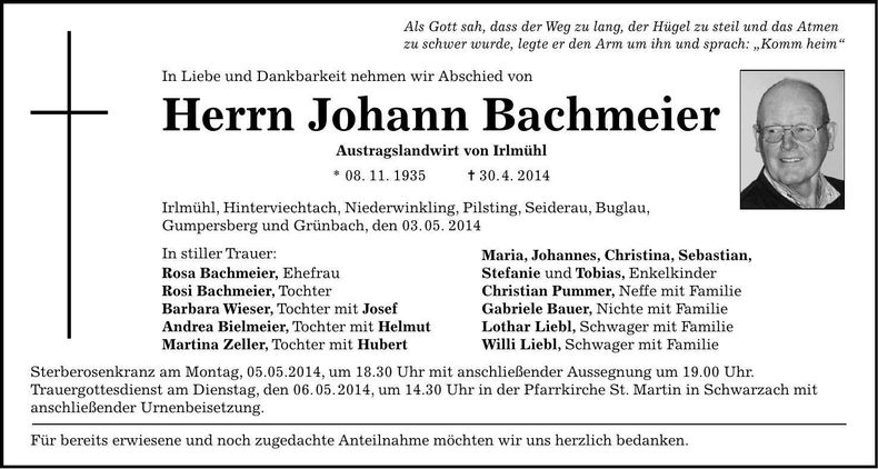 Traueranzeige Johann Bachmeier