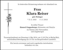 Traueranzeige Klara Reiser