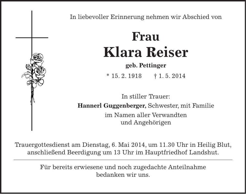 Traueranzeige Klara Reiser