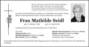 Traueranzeige Mathilde Seidl