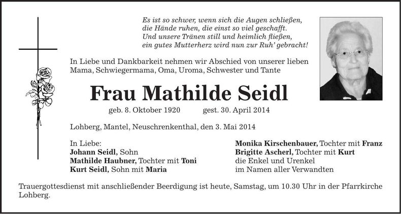 Traueranzeige Mathilde Seidl