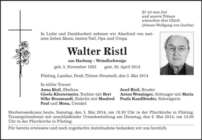 Traueranzeige Walter Ristl