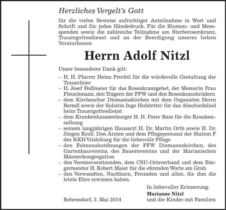 Traueranzeige Adolf Nitzl