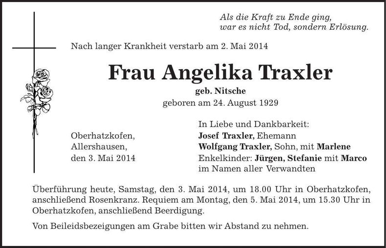 Traueranzeige Angelika Traxler