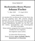 Traueranzeige Johann Pfarrer Fischer