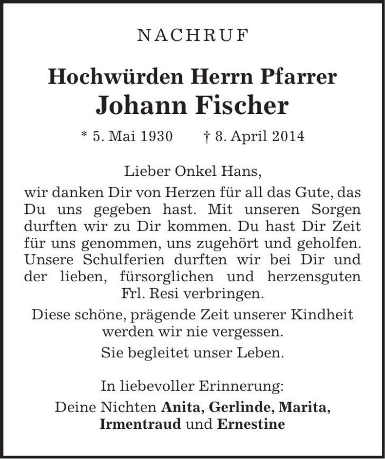 Traueranzeige Johann Pfarrer Fischer