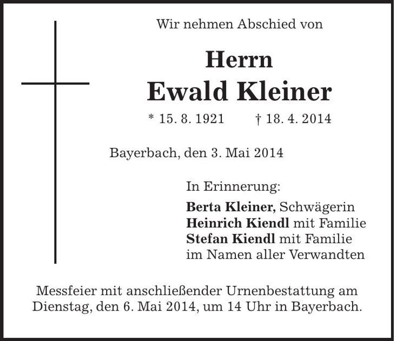 Traueranzeige Ewald Kleiner