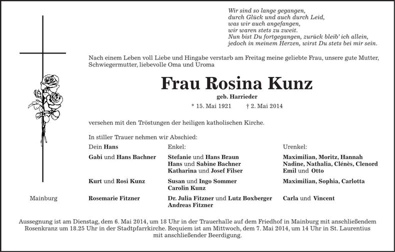 Traueranzeige Rosina Kunz