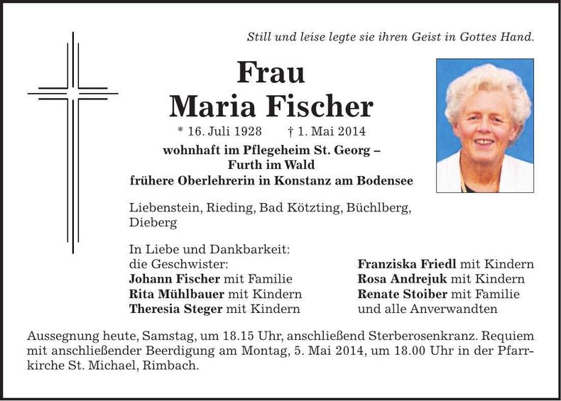 Traueranzeige Maria Fischer