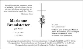 Traueranzeige Marianne Brandstetter