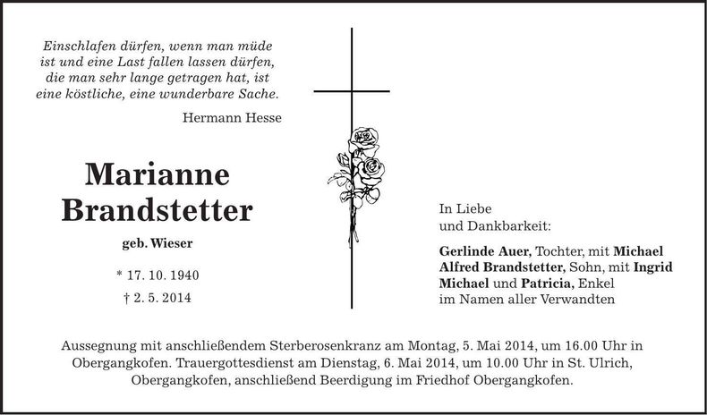 Traueranzeige Marianne Brandstetter