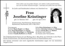 Traueranzeige Josefine Kräutinger