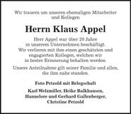 Traueranzeige Klaus Appel