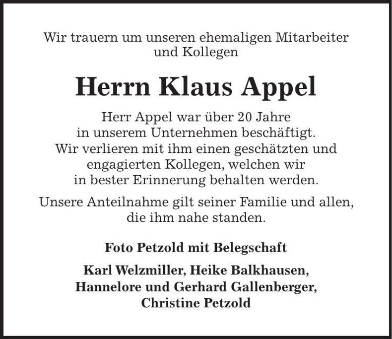 Traueranzeige Klaus Appel