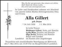 Traueranzeige Alla Gillert