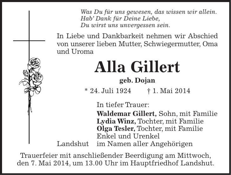 Traueranzeige Alla Gillert