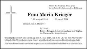 Traueranzeige Maria Krieger