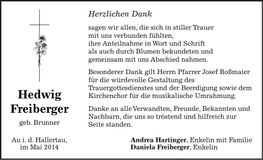 Traueranzeige Hedwig Freiberger