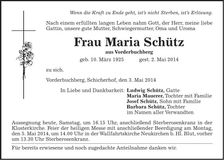 Traueranzeige Maria Schütz