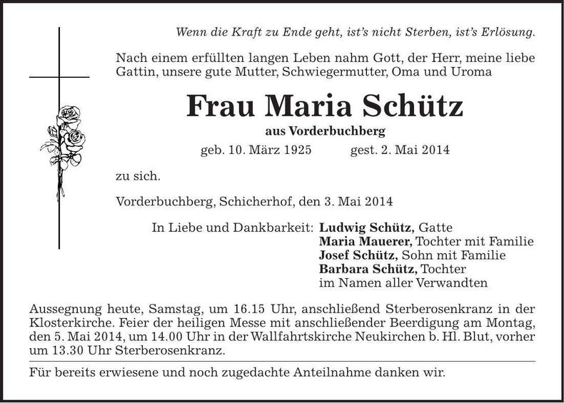 Traueranzeige Maria Schütz
