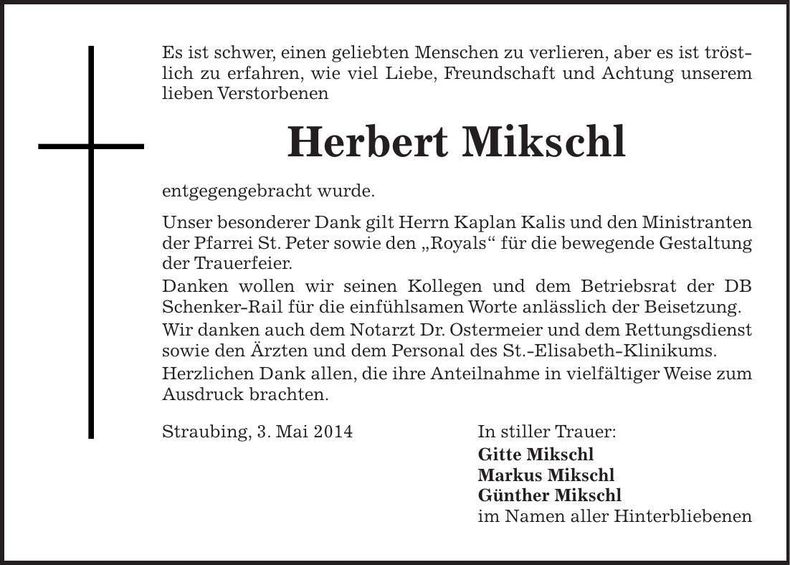 Traueranzeige Herbert Mikschl