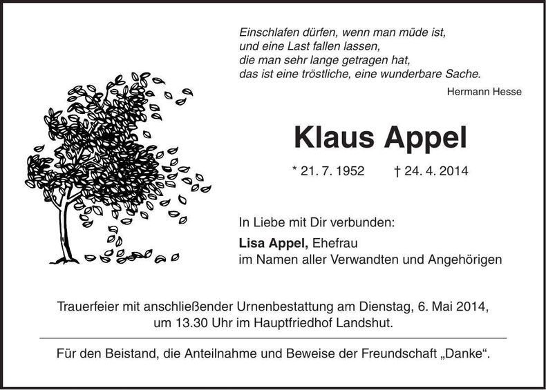 Traueranzeige Klaus Appel