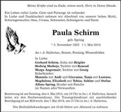 Traueranzeige Paula Schirm