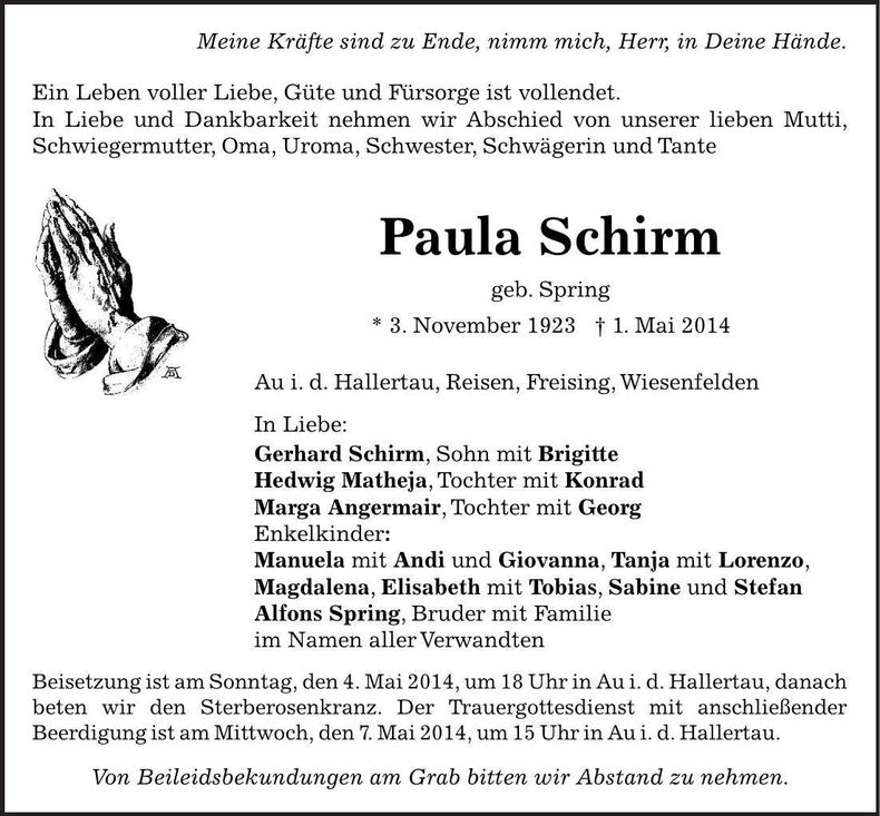 Traueranzeige Paula Schirm