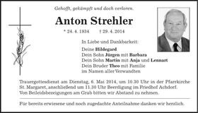Traueranzeige Anton Stehler