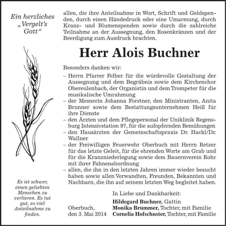 Traueranzeige Alois Buchner