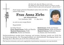 Traueranzeige Anna Zirbs