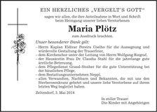 Traueranzeige Maria Plötz
