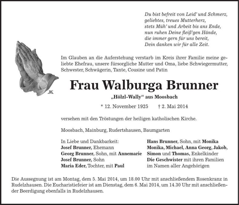 Traueranzeige Walburga Brunner