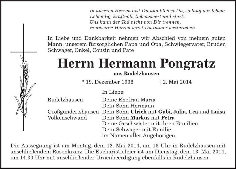 Traueranzeige Hermann Pongratz