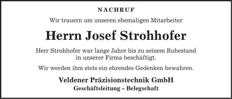 Traueranzeige Josef Strohhofer