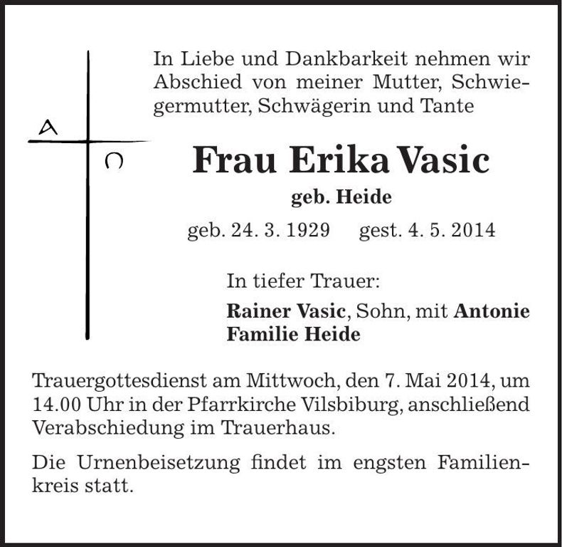Traueranzeige Erika Vasic