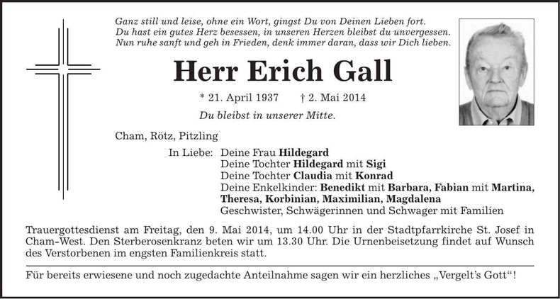 Traueranzeige Erich Gall