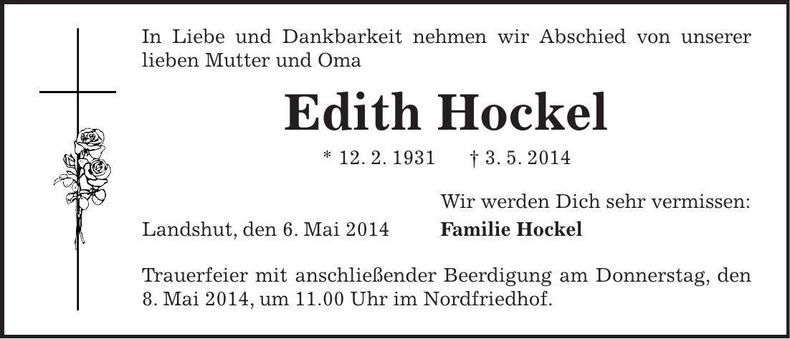 Traueranzeige Edith Hockel