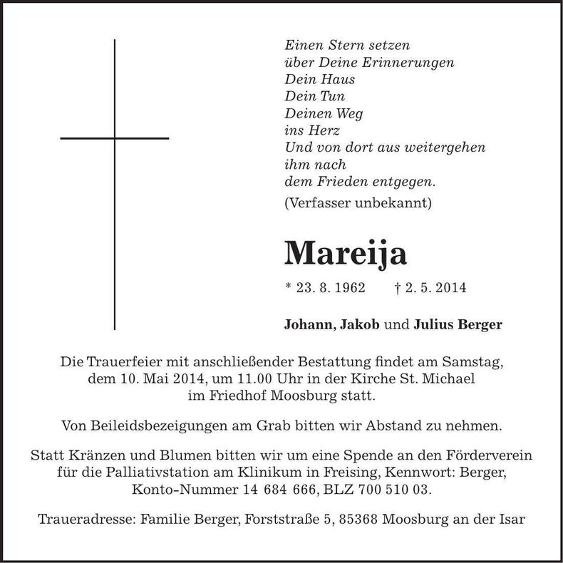 Traueranzeige Mareija Berger