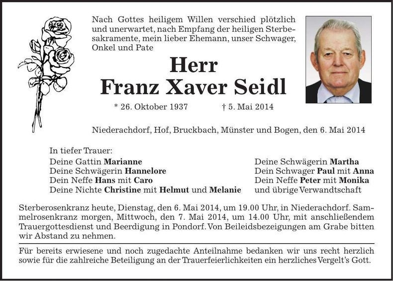 Traueranzeige Franz Xaver Seidl