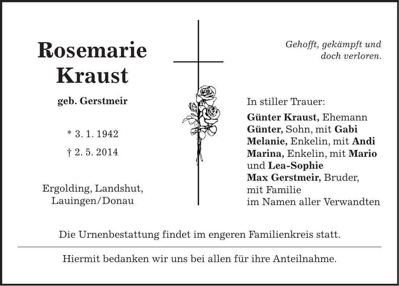 Traueranzeige Rosemarie Kraust