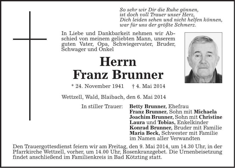 Traueranzeige Franz Brunner
