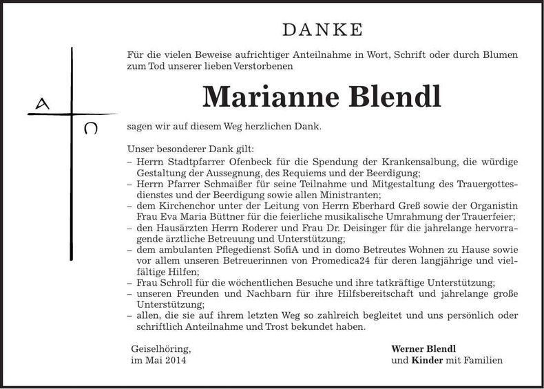Traueranzeige Marianne Blendl