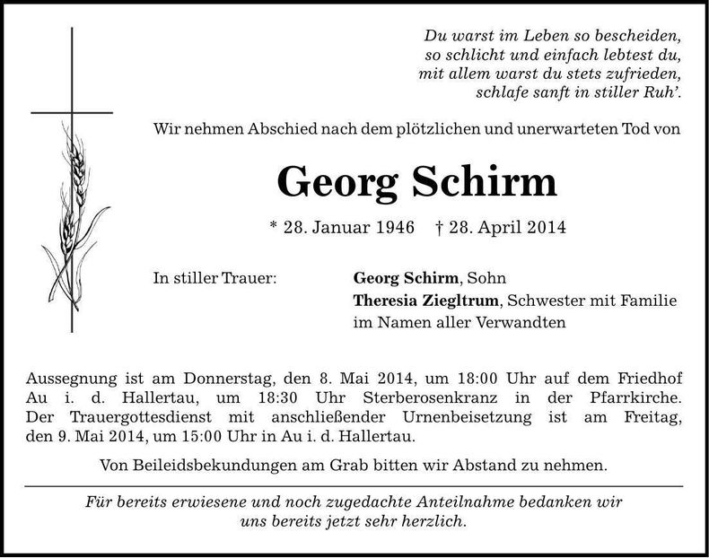Traueranzeige Georg Schirm