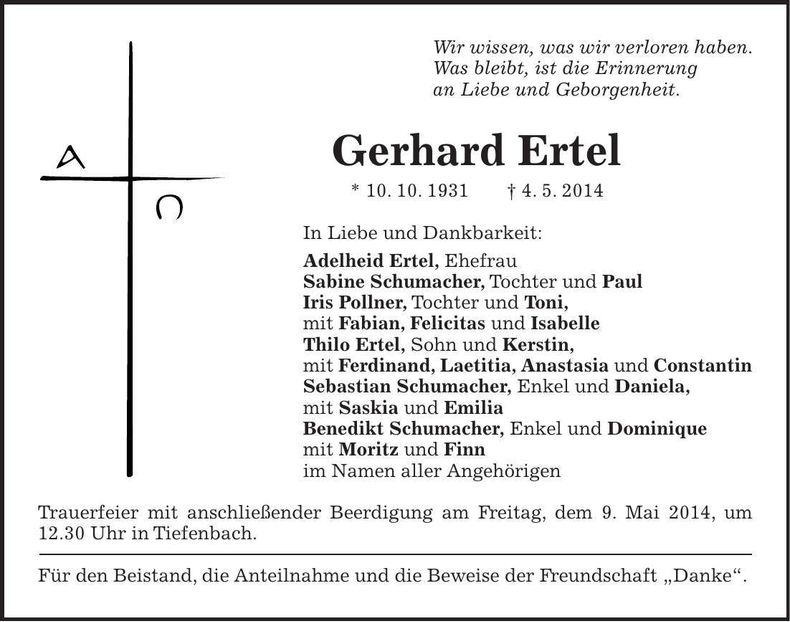 Traueranzeige Gerhard Ertel