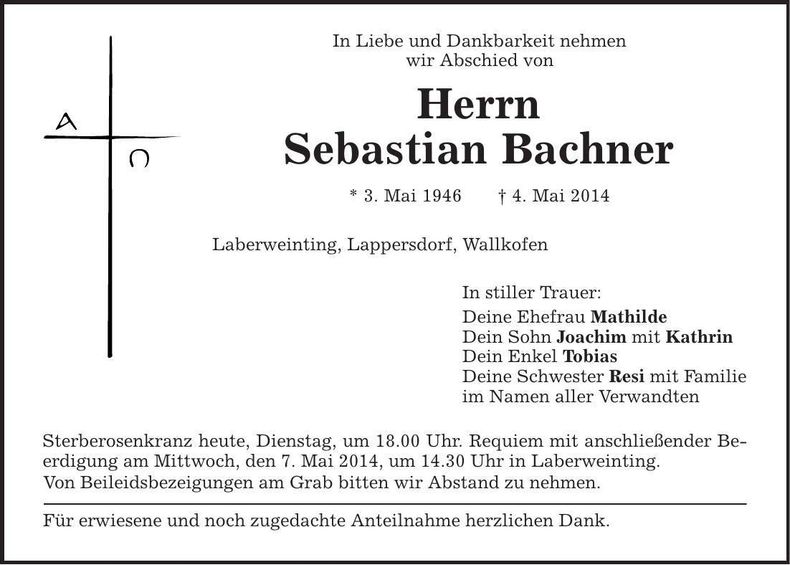 Traueranzeige Sebastian Bachner