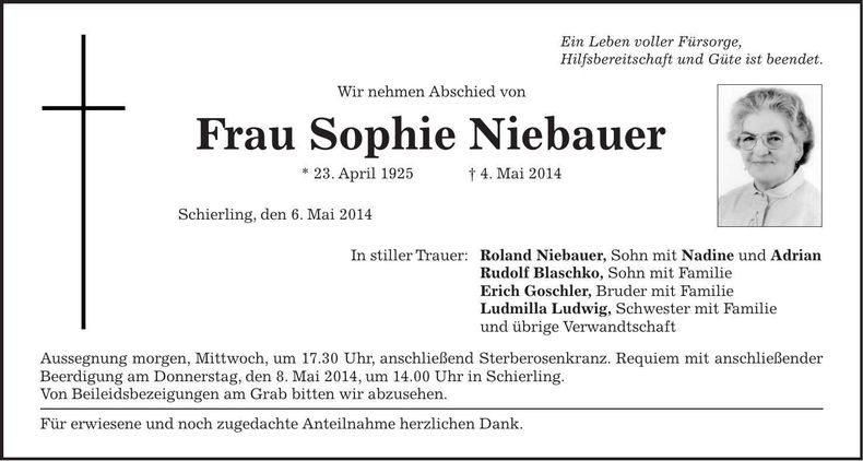 Traueranzeige Sophie Niebauer