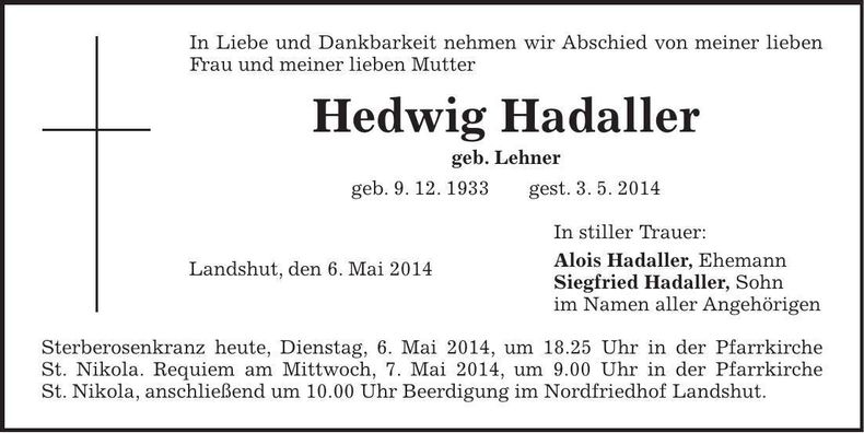 Traueranzeige Hedwig Hadaller
