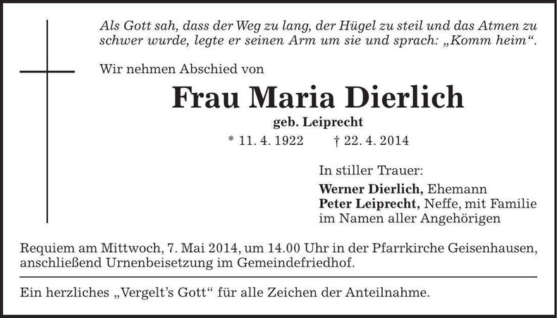 Traueranzeige Maria Dierlich
